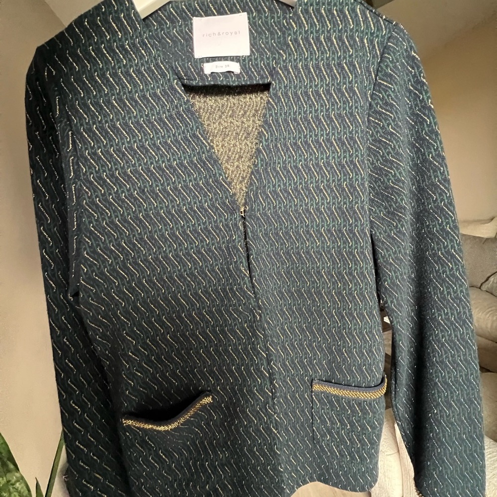 Green and Gold Textured Blazer with V-Neck